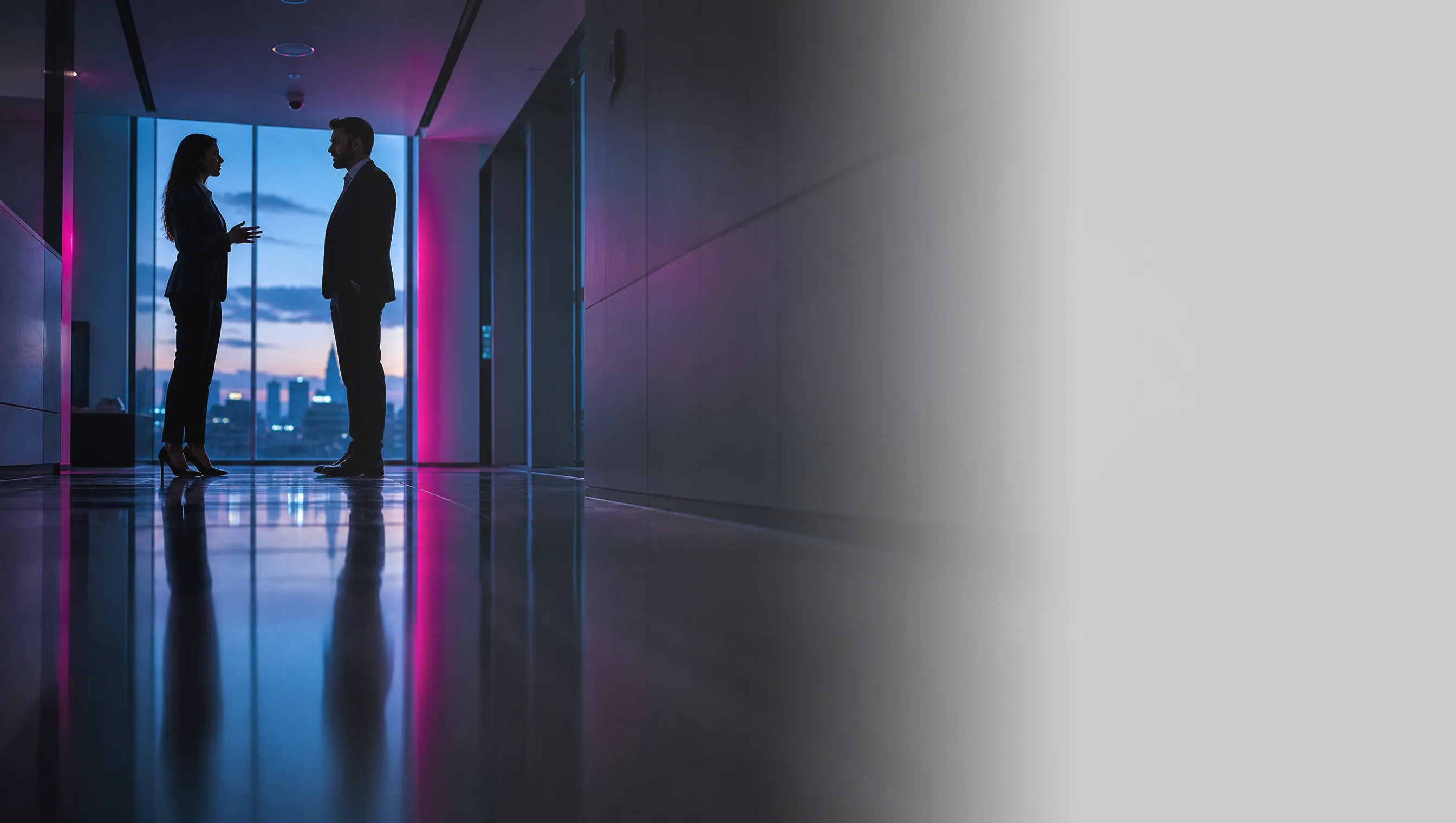 Two colleagues speaking in an office corridor